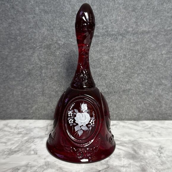 Beautiful Vintage Fenton Ruby Red Hand Painted Glass Bell Signed Freda 6.5” - Picture 1 of 5